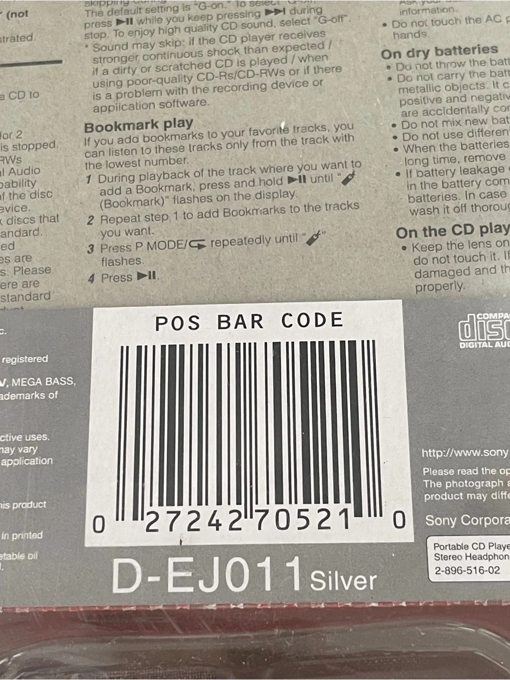 Sony CD Walkman D-EJ011 Silver Portable CD Player G-Protection Mega Bass